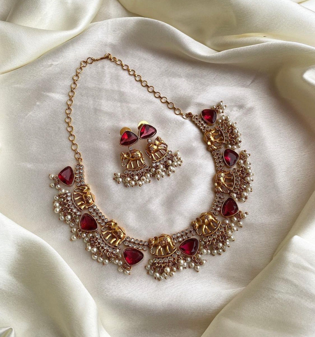 Premium Quality Elephant Guttapusalu Cz Statement Necklace set a