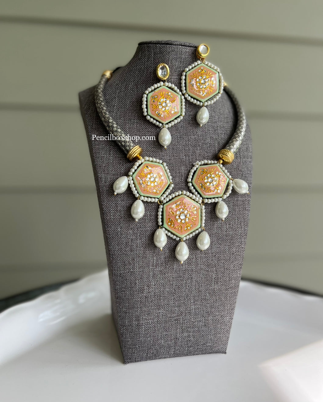 92.5 Silver Coated German silver pachi Kundan Meenakari Orange necklace set is