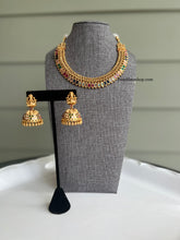 Load image into Gallery viewer, Simple Dainty Multi color Stone Gold finish Necklace set with Lakshmi jhumkas
