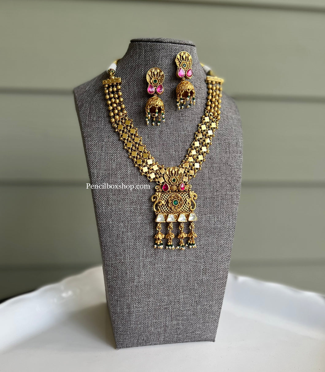 Multicolor Green Ruby pachi Kundan Simple Dainty Hanging necklace set