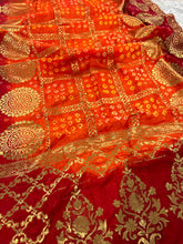 Load image into Gallery viewer, Orange Red Bandhani Square Golden Zari Border Silk Saree Elegant
