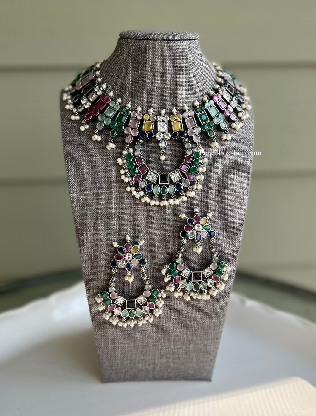 Multicolor Glass Stone Designer Piece German Silver Lookalike Necklace set