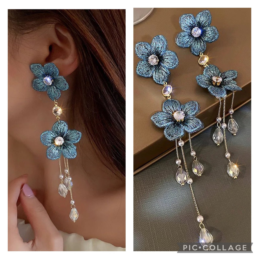Two layered Blue flower fabric with hanging crystal Earrings IDW