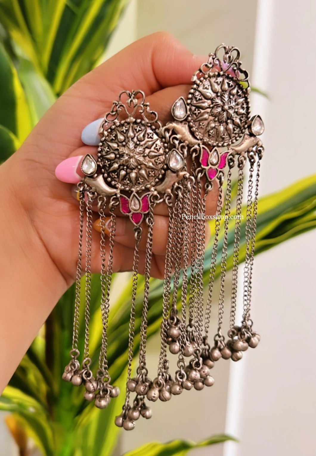 92.5 Silver Coated Pink pachi kundan Tassel Long Dangling Earrings