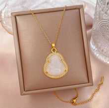Load image into Gallery viewer, 18k gold plated Stainless steel Golden Rhinestone Brass laughing Buddha Pendant necklace with long chain IDW
