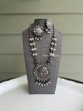 Load image into Gallery viewer, Durga ji German Silver Pearl Glass Stone Long Pendant Necklace set with studs
