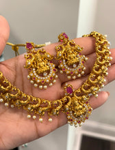 Load image into Gallery viewer, Multicolor Lakshmi ji peacock Simple gold finish cz temple necklace set
