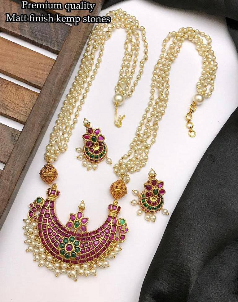 Kemp Stone Kundan Pearl Long Simple Necklace set
