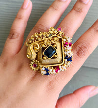 Load image into Gallery viewer, Blue Kundan Multicolor Brass made Big Statement Adjustable Ring

