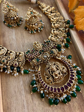 Load image into Gallery viewer, Lakshmi Ji Peacock Real Kemp Stone Multicolor cz kemp Stone Necklace set temple jewelry
