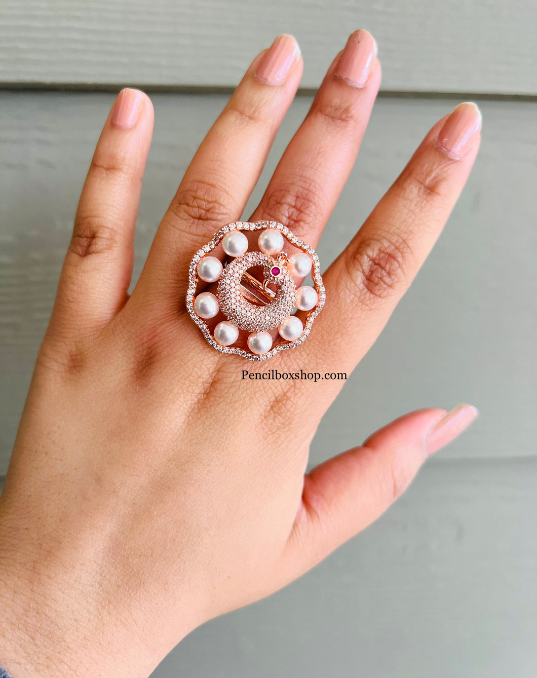 American diamond Rose Gold Pearl Peacock Adjustable Ring