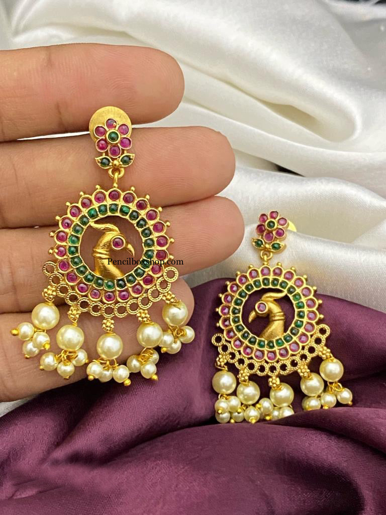 Kemp Stone Premium Quality peacock  pearl Temple earrings