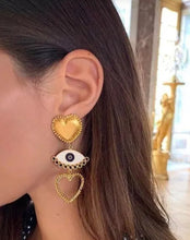 Load image into Gallery viewer, Heart Evil eye golden black white long earrings IDW
