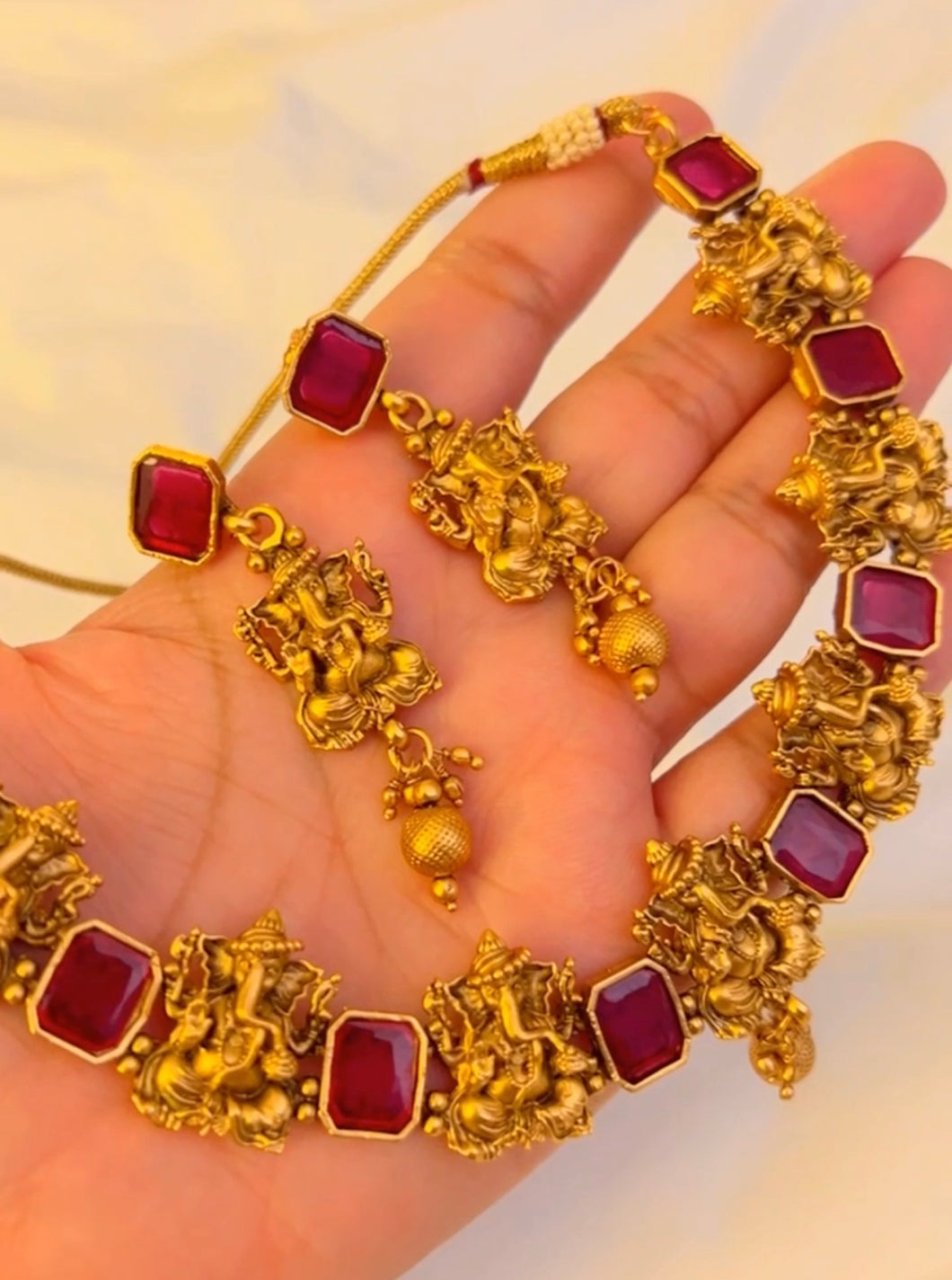 Golden Ganesha Ruby Multicolor Stone Temple Necklace set