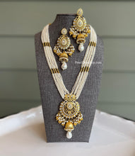 Load image into Gallery viewer, White Pearl Golden Beads long Kundan Statement Necklace set
