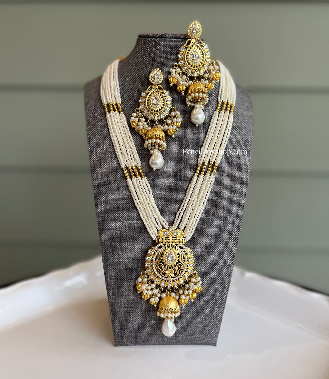White Pearl Golden Beads long Kundan Statement Necklace set
