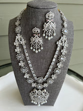 Load image into Gallery viewer, Ruby stone American Diamond Silver Pearl Long Cz Peacock Necklace set
