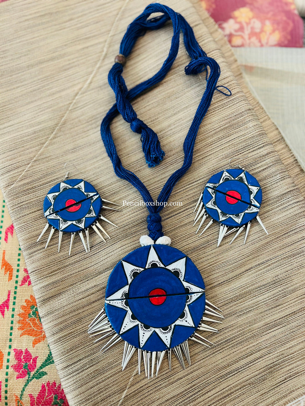 Handmade Handpainted Statement Blue Red White half Cut necklace set