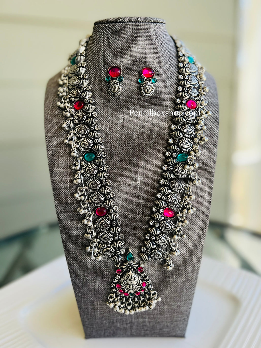German Silver Multicolor Durga Statement Necklace set