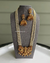 Load image into Gallery viewer, Multicolor Lakshmi ji Peacock three pearl Beads Necklace set with jhumkas
