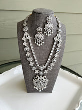 Load image into Gallery viewer, Ruby stone American Diamond Silver Pearl Long Cz Peacock Necklace set
