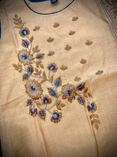 Load image into Gallery viewer, 3 pieces Mustard Golden Grey Embroidery Half n half print Chanderi  Straight suit 40 size

