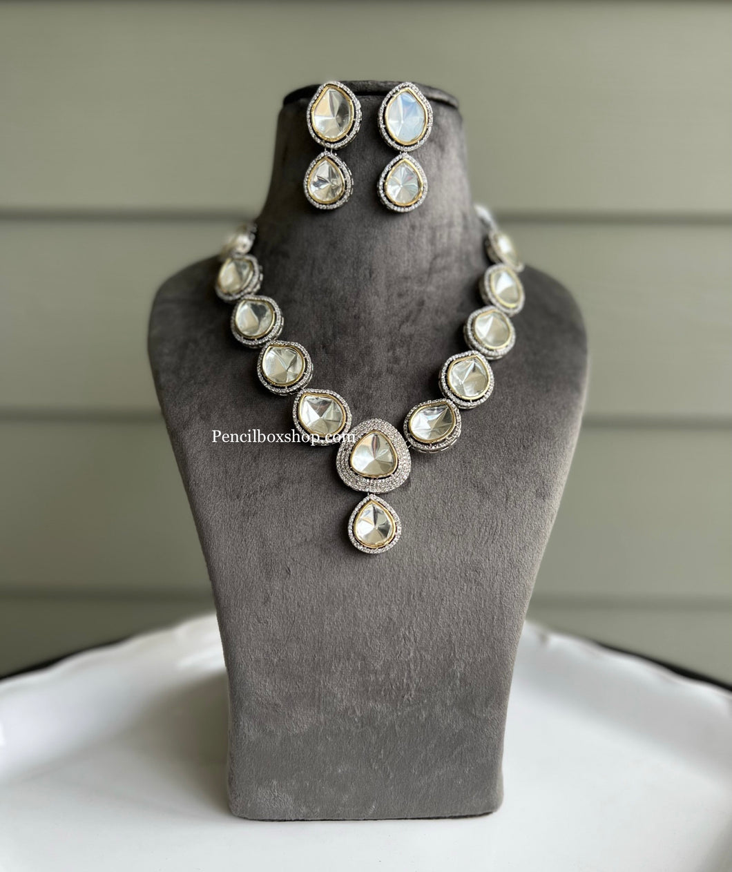 Uncut Kundan Delicate Cz Silver Foiled Necklace set