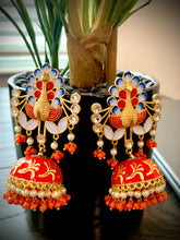 Load image into Gallery viewer, Meenakari peacock jhumkas with hydro beads pearl Earrings for women
