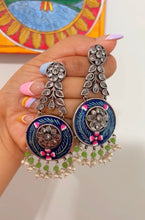 Load image into Gallery viewer, German Silver Handpainted White Stone Long Dangling Earrings

