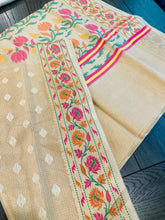 Load image into Gallery viewer, Chanderi Zari border Golden pink orange Green Saree
