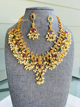Load image into Gallery viewer, Navratna guttapusalu Vishnu god real Kemp stone Cz Copper based necklace set
