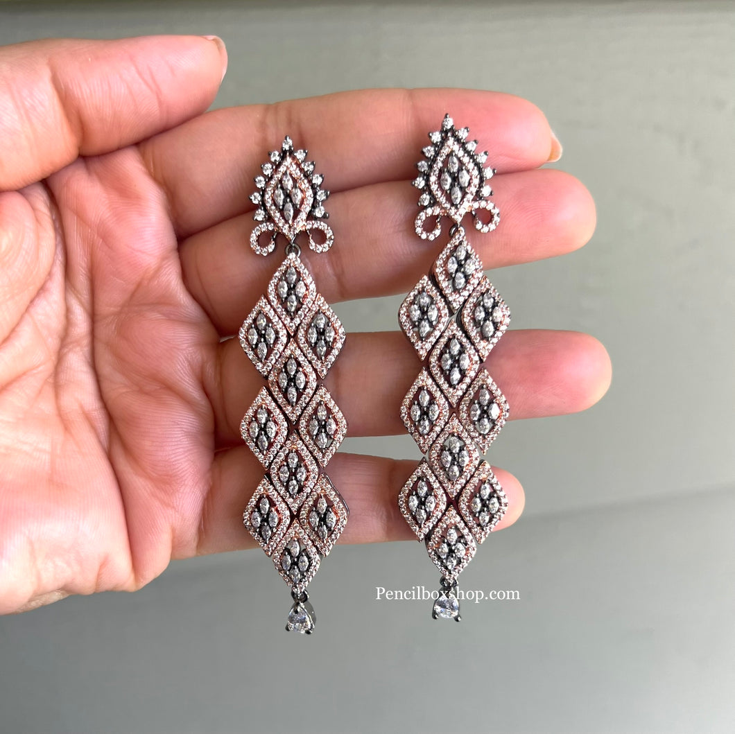 American Diamond Long Victorian Finish Twisted Earrings