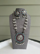 Load image into Gallery viewer, Durga ji German Silver Pearl Glass Stone Long Pendant Necklace set with studs
