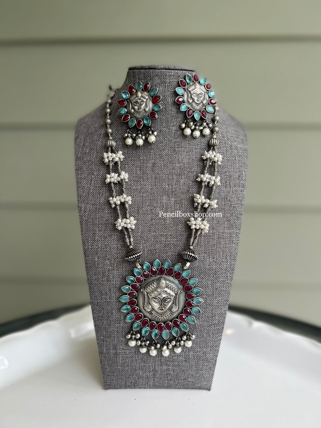 Durga ji German Silver Pearl Glass Stone Long Pendant Necklace set with studs