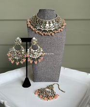 Load image into Gallery viewer, Mirror Choker with hanging beads Statement Piece Necklace Choker set with maangtikka

