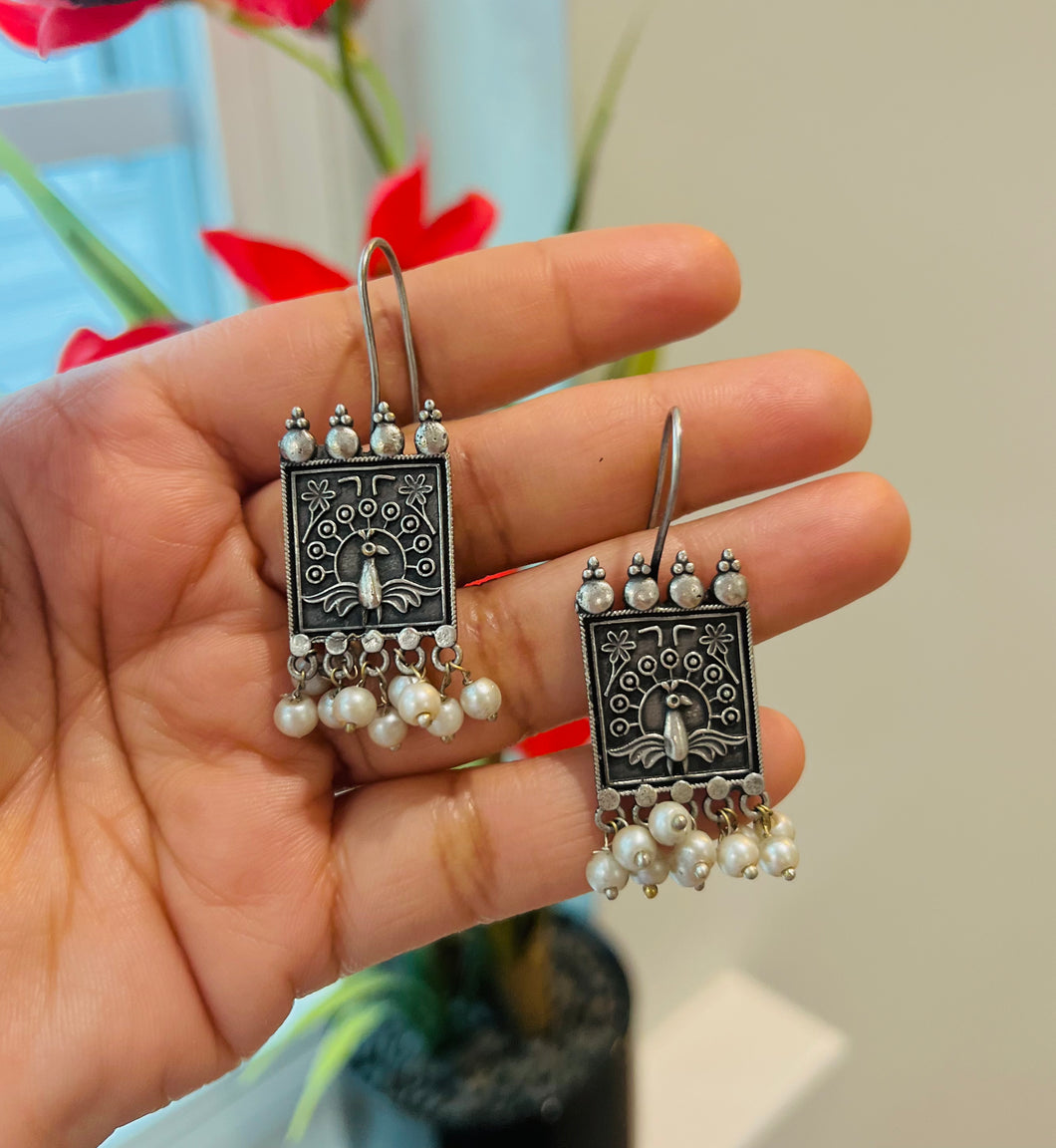 Silver peacock Pearl Drop German Silver Earrings
