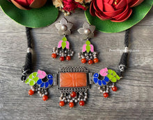 Load image into Gallery viewer, German silver enamel Paint Rainbow Peacock Choker With carved stone and Beads Necklace set
