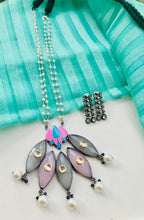 Load image into Gallery viewer, Handpainted Kundan Big Stone German silver Big Stone Lotus Painted Long necklace set
