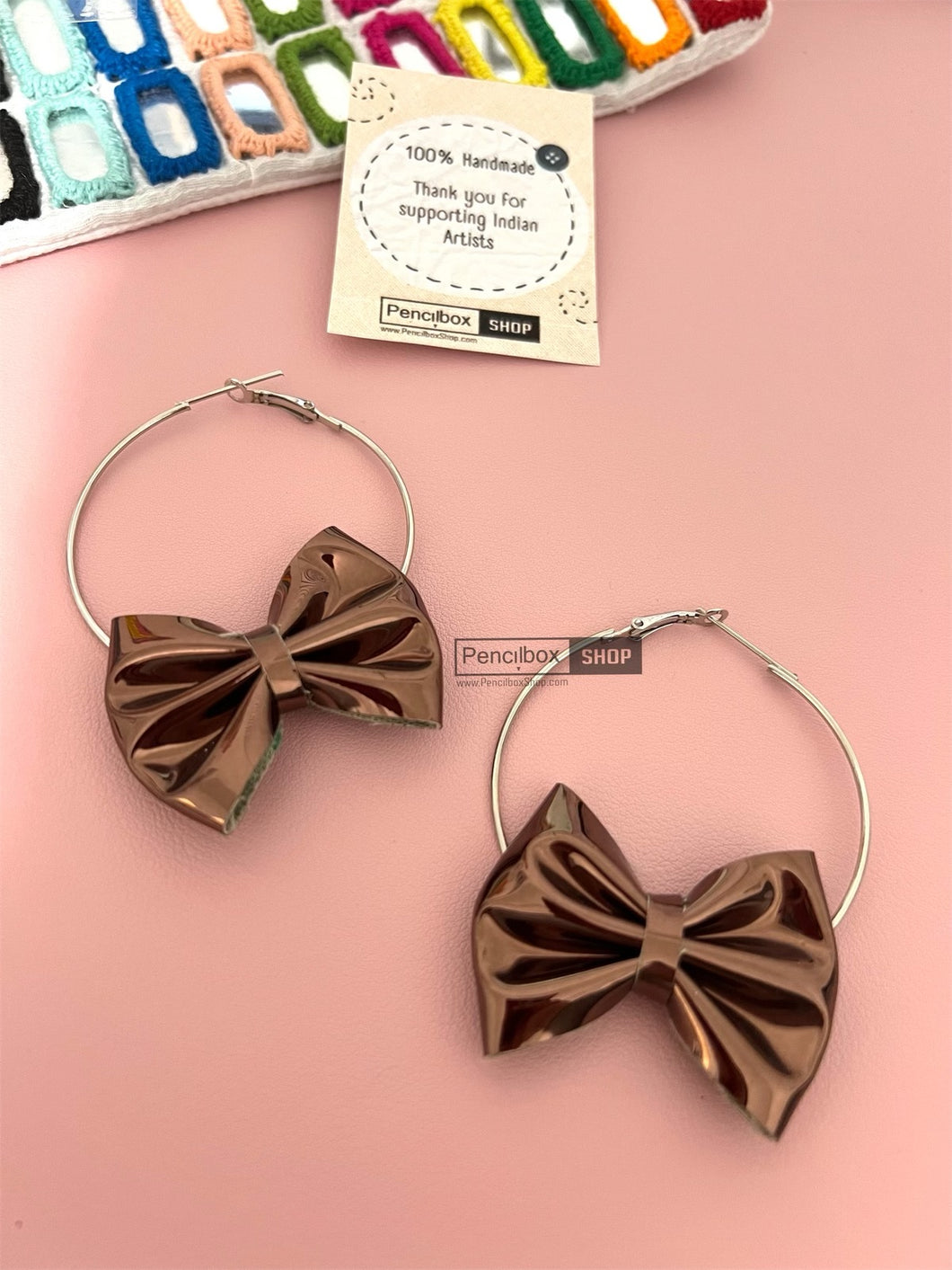 Handmade Bow Brown Satin leather  Hoop Earrings