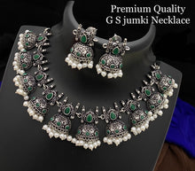 Load image into Gallery viewer, German silver Jhumka design Ruby green simple sleek necklace set

