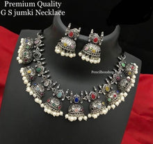 Load image into Gallery viewer, German silver Jhumka design Ruby green simple sleek necklace set
