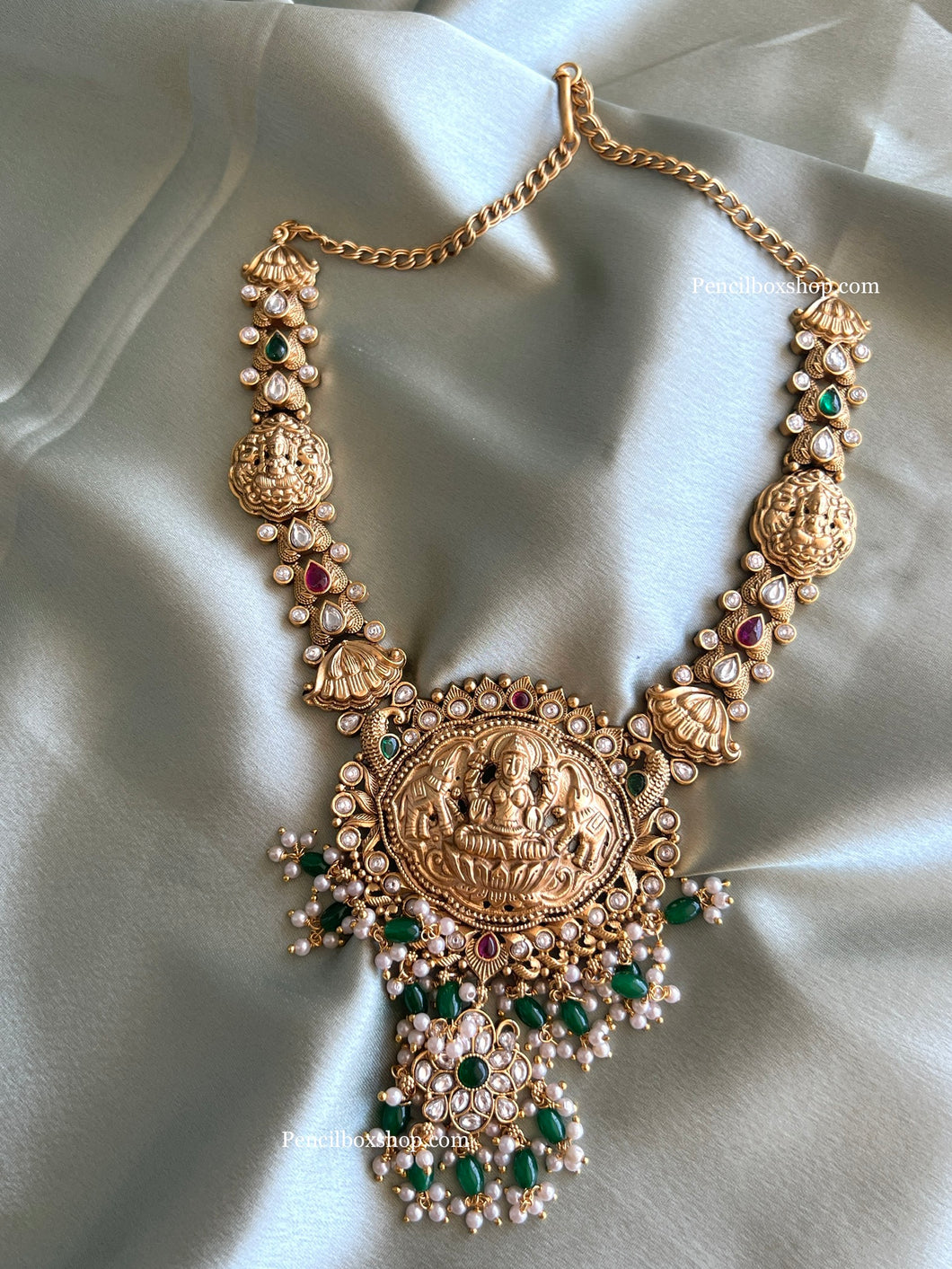 Lakshmi Ji Elephant Multicolor Real Kemp Stone Green Long Haram Necklace set