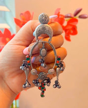 Load image into Gallery viewer, German Silver Ghunghroo Glass Stone Bird Long Statement Earrings
