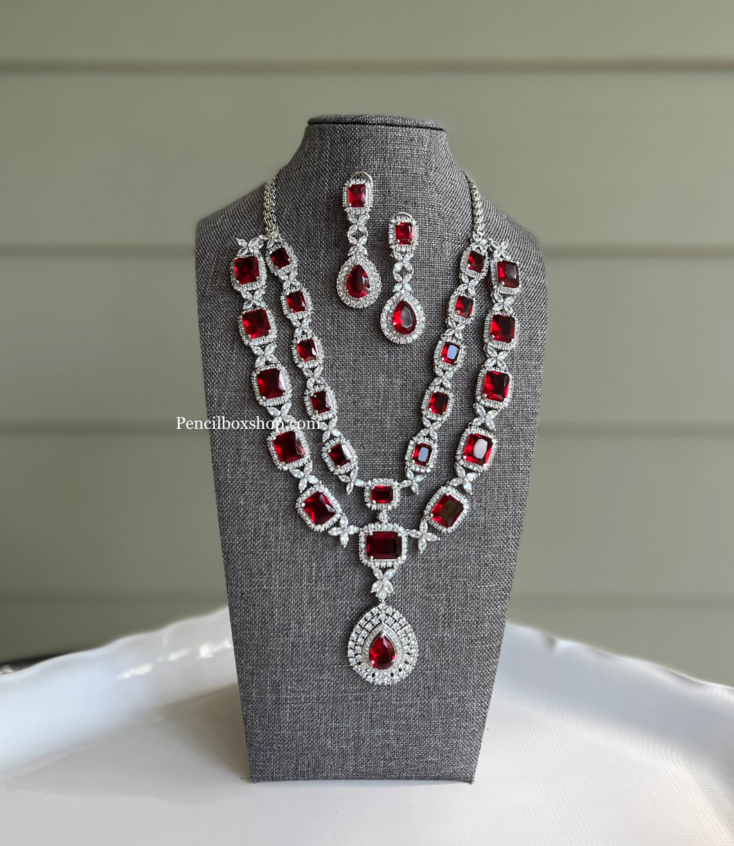 Designer Premium American Diamond Silver Ruby  Cz  layered Necklace