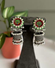 Load image into Gallery viewer, Silver handpainted German Silver jhumka Earrings
