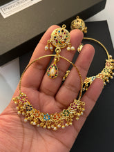 Load image into Gallery viewer, Multicolor jadau Work Golden Navratna Chandbali Jhumka Earrings
