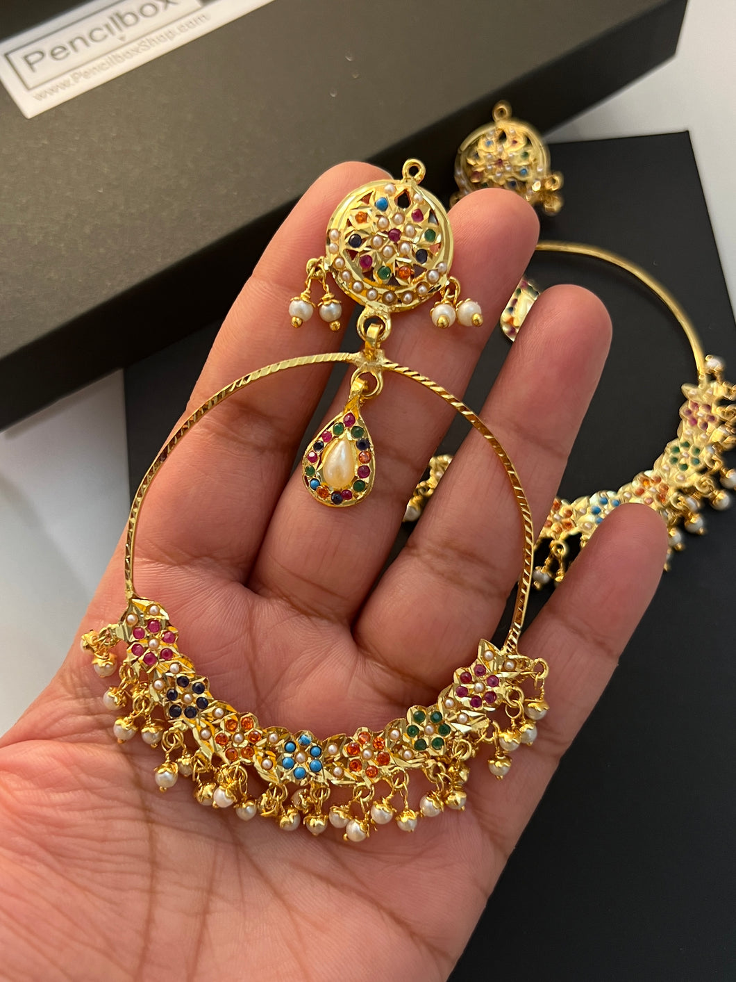 Multicolor jadau Work Golden Navratna Chandbali Jhumka Earrings