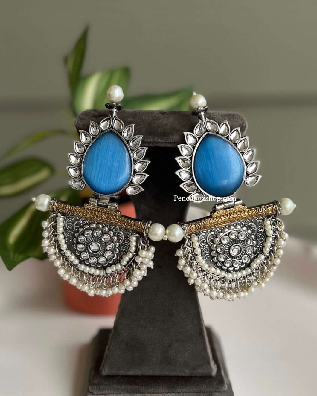 Blue Silver Pearl Stone German Silver Earrings