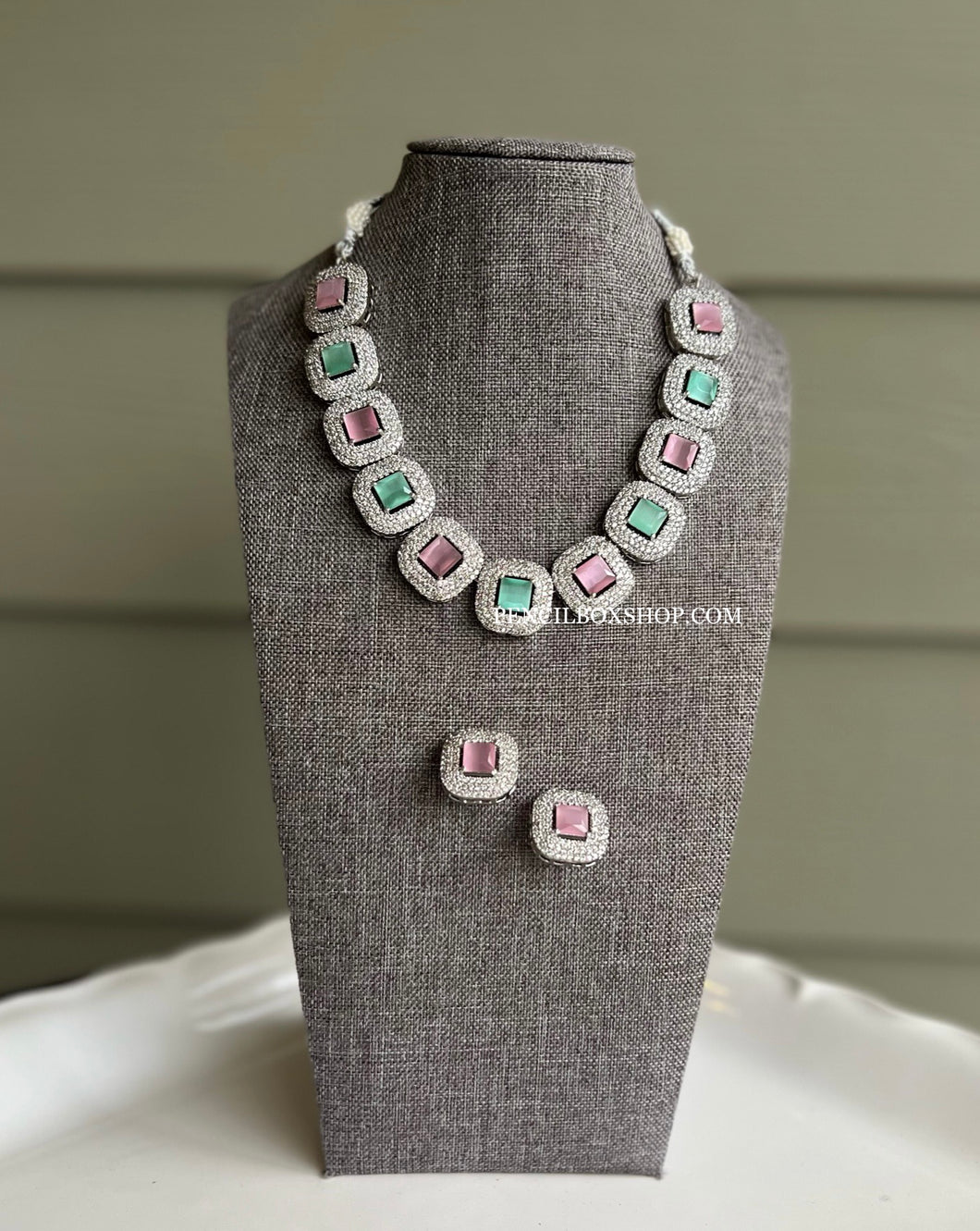 American Diamond Cz Stone Silver Necklace set