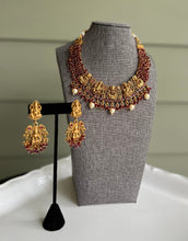 Load image into Gallery viewer, Ruby Pearl Lakshmi ji Statement Temple Hanging Kemp Stone Necklace set
